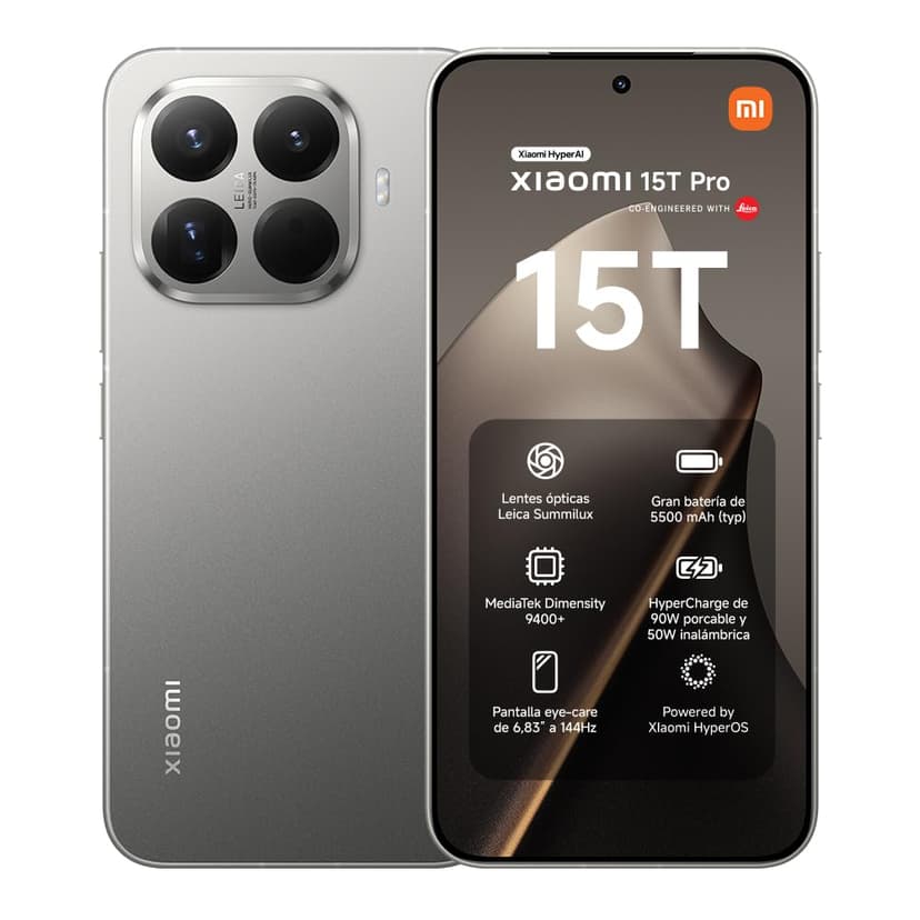 XIAOMI 15T Pro, Smartphone 12 + 512 GB, 6.83 Inch 144 Hz Eye-Friendly Display, MediaTek Dimensity 9400+, 50MP Leica 5X Pro Telephoto Lens, 5500 mAh, Titanium - 1