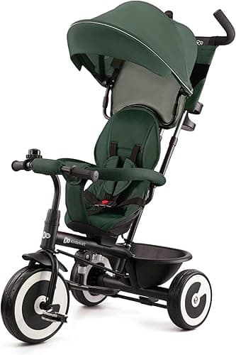 Kinderkraft Aston Tricycle, Baby Push Trike, Kids First Bike, Free Wheel Functions, Parenthandle, Footrest, Accessories, Bag, Cupholder, from 9 Months to 5 Years, Green