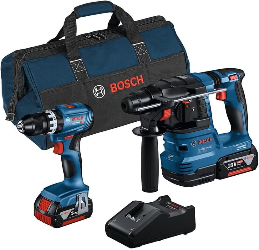 Bosch Professional 18V System combi-kit : Perceuse-visseuse à percussion GSB 18V-45 + perforateur GBH 18V-22 (avec 2 batteries 4,0 Ah, chargeur rapide GAL 18V-40, sacoche d’outils) - 1