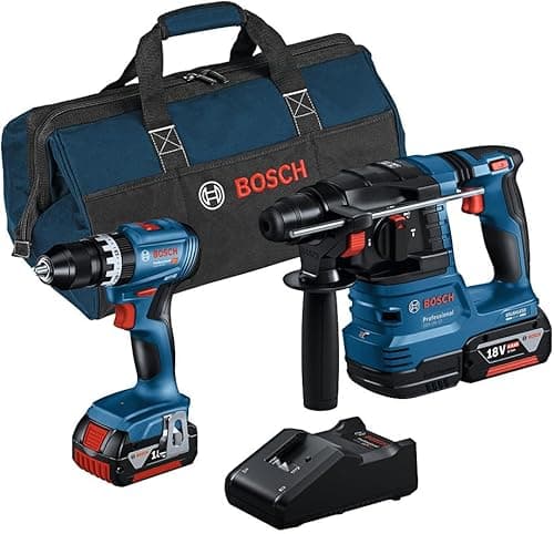 Bosch Professional 18V System combi-kit : Perceuse-visseuse à percussion GSB 18V-45 + perforateur GBH 18V-22 (avec 2 batteries 4,0 Ah, chargeur rapide GAL 18V-40, sacoche d’outils)