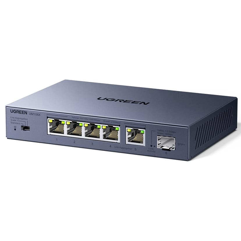 UGREEN Switch Ethernet 5 Ports Ethernet 2.5G 1 Port SFP+ 10G Switch RJ45 Boitier Métal 4KV Protection Contre la Foudre Multiprise RJ45 Montage Mural Agrégation de Liens Compatible avec PC Nas Caméra - 1