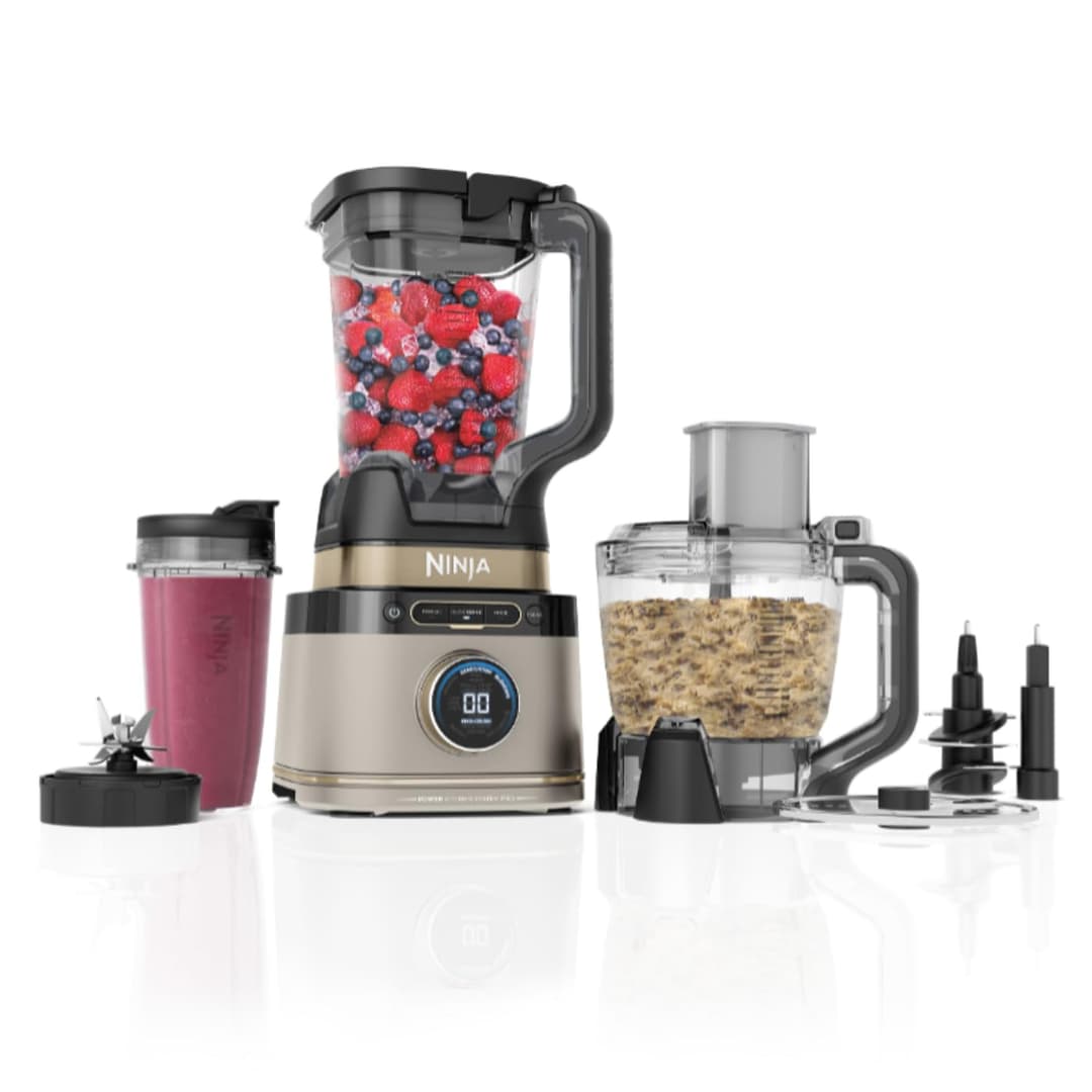 Ninja 3-in-1 Detect Power Blender Processor Pro, Powerful 1200W Blender, Food Processor Bowl, Dough Knife, 3x Single Serving Cups, Jug, Make Pizza Dough, Blend, Chop & Mix, Stone Golden, TB401EUSTGD