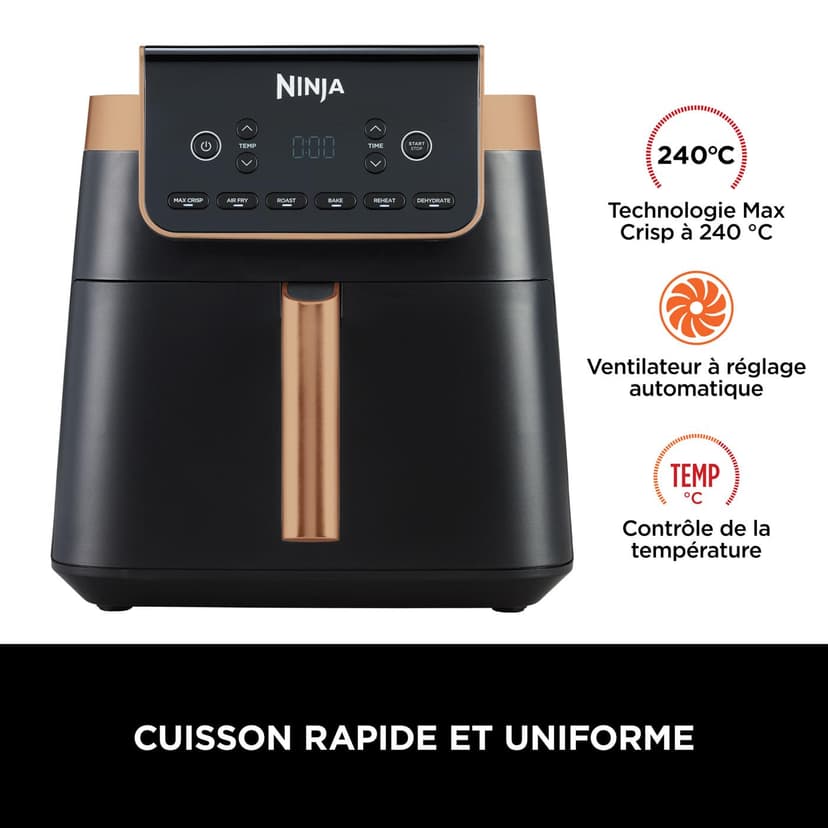 Ninja Air Fryer MAX PRO, 6,2 L, Grand tiroir, rôtir, cuire au four, frire sans huile, familial, antiadhésif, panier/plaque croustillante compatibles lave-vaisselle, pinces, noir/cuivre, AF180EUCP - 6
