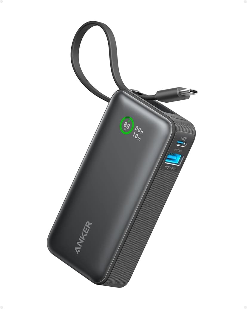 Anker Nano Power Bank Ricarica Rapida, 10000 mAh, con Cavo USB-C Integrato, PD 30 W, Potenza Massima con 1 USB C 1 USB-A, Compatibile con iPhone 17 pro max/16, MacBook, Samsung, iPad e Molto Altro - 1