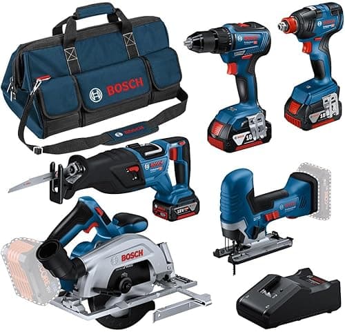 Bosch Professional 18V System combi-kit : GSR 18V-55 + GST 18V-125 S + GKS 18V-57-2 + GSA 18V-28 + GDX 18V-200 (avec 3 batteries 4,0 Ah, chargeur rapide GAL 18V-40, sacoche d’outils)