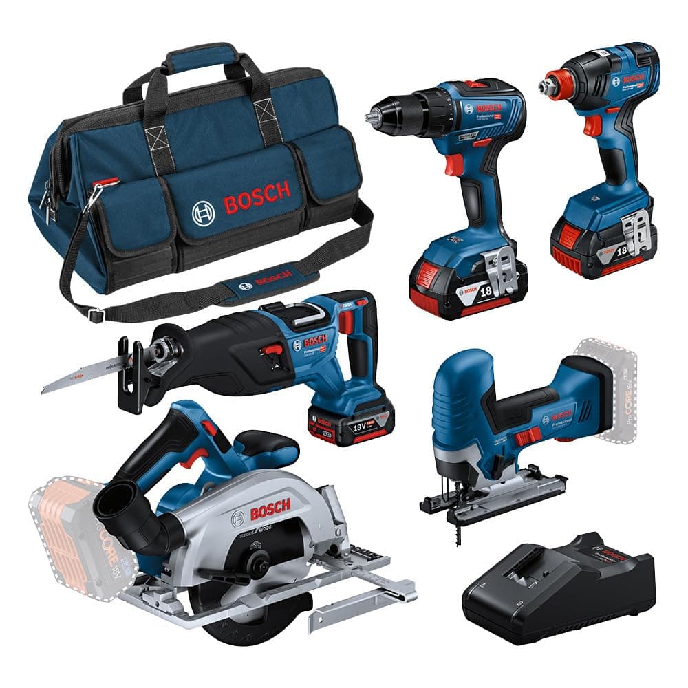 Bosch Professional 18V System combi-kit : GSR 18V-55 + GST 18V-125 S + GKS 18V-57-2 + GSA 18V-28 + GDX 18V-200 (avec 3 batteries 4,0 Ah, chargeur rapide GAL 18V-40, sacoche d’outils)