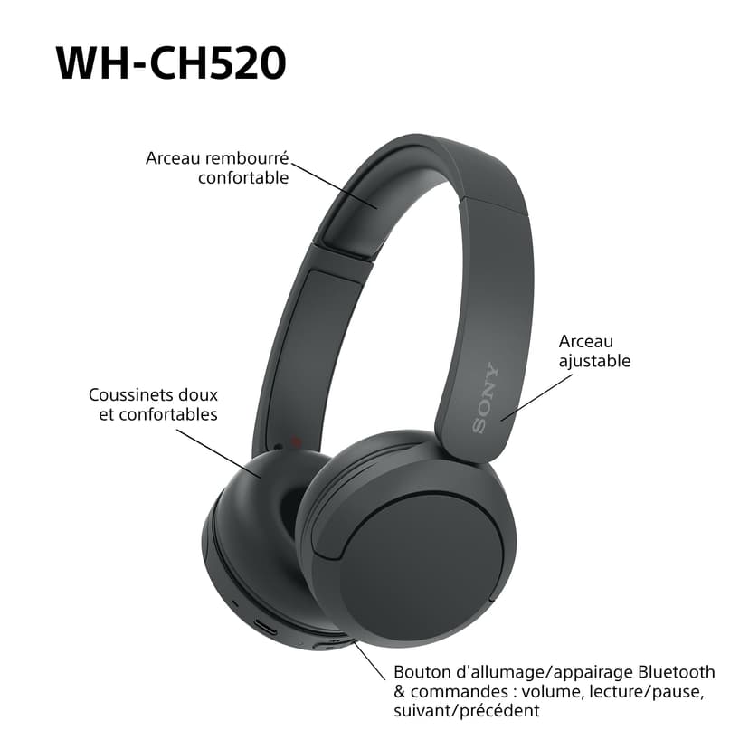 Sony WH-CH520 - Casque Bluetooth sans Fil, Multipoint, Micro intégré - jusqu'à 50 Heures d'autonomie et Charge Rapide - Noir - 8