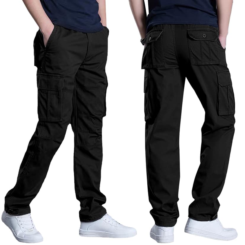 LBL Men's Summer Lightweight Cotton Breathable Multi Pockets Drawstring Adjustable Ankle Hiking Work Trousers, Black, XL - 2