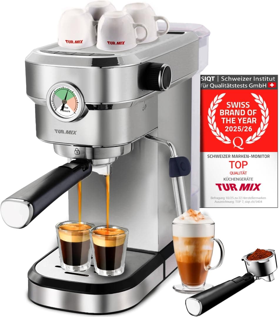 Turmix TX 590 espresso machine – stainless steel portafilter machine, 20 bar coffee machine with milk frother, 17 cm wide, 1350W, 1.1L water tank, heated cup tray