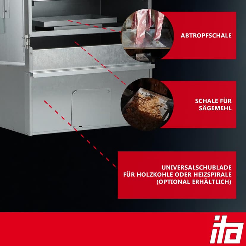ITA Smoker Oven 7000 - Smoker Set with Table - Smoker Cabinet with Window and Thermometer - Alloy Steel - EU Quality - Direct from Manufacturer - 81 cm with 3 Levels - 6