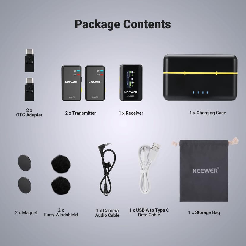 NEEWER CM28 (1 RX + 2 TX + Charging Case), Wireless Lavalier Microphone, Smart Noise Cancelling, 48KHz/16Bit 9 Hrs Uncompressed Recording, 656ft/200m Range, Lav Mic for iPhone, Android, Camera - 9