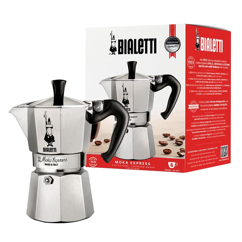 Bialetti Moka Express Caffettiera in Alluminio, 6 Cups, Acciaio Inossidabile, Argento,270 milliliters, Silver - 1