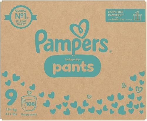 Pampers Baby-Dry Nappy Pants Size 9, 108 Nappies, 19kg+, Monthly Pack, 360° Fit to Help Prevent Gaps and Leaks
