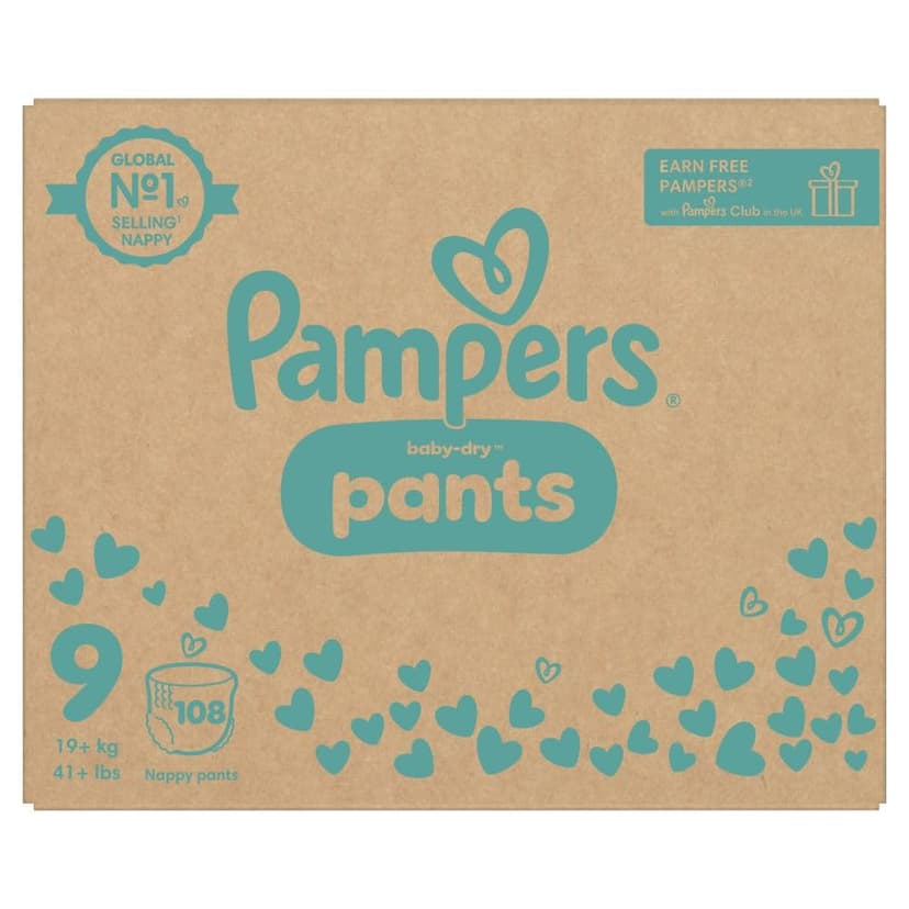 Pampers Baby-Dry Nappy Pants Size 9, 108 Nappies, 19kg+, Monthly Pack, 360° Fit to Help Prevent Gaps and Leaks - 1