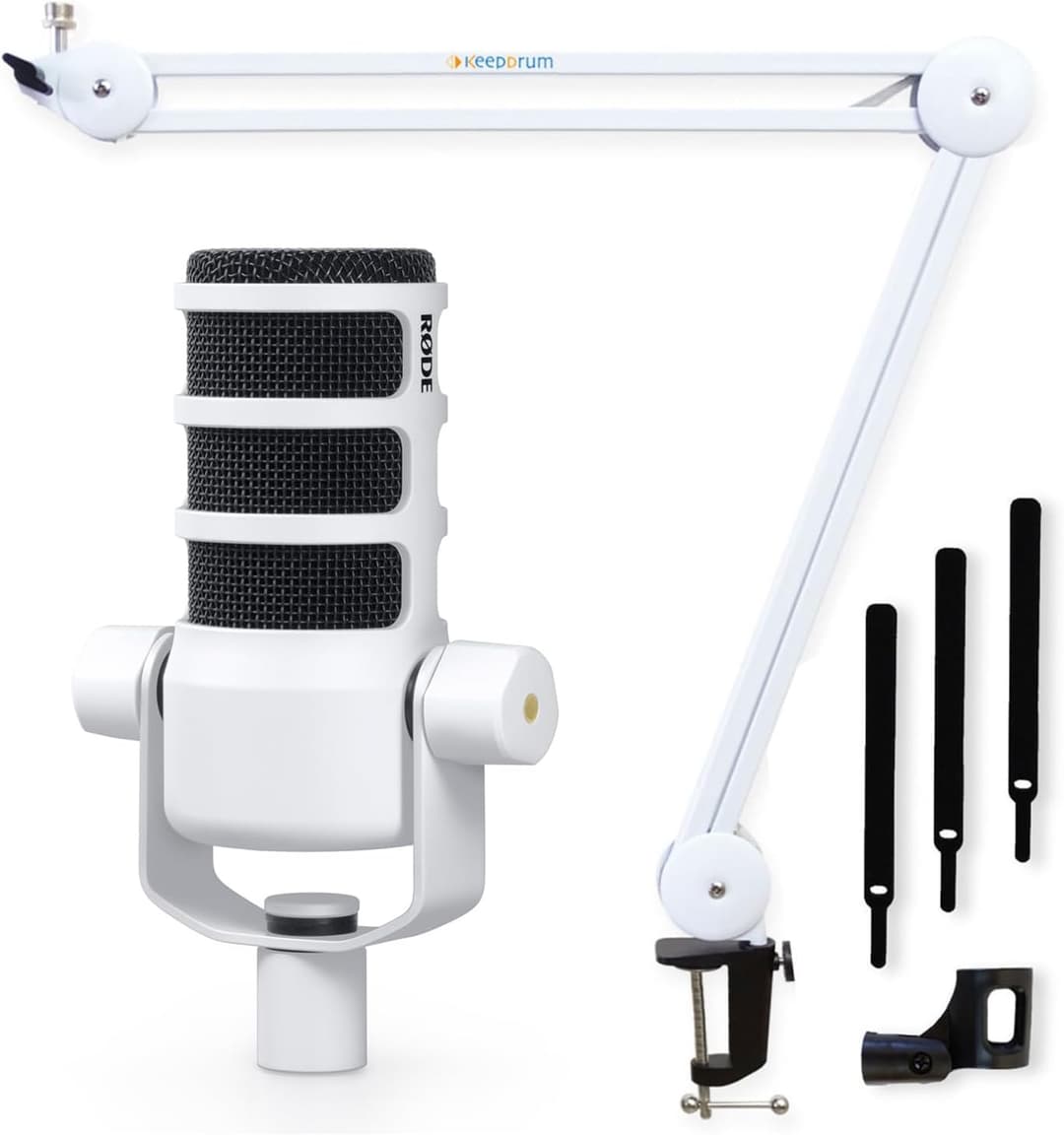 RØDE Rode Podmic Professional Podcast Microphone White + Keepdrum MS138 Articulated Arm White