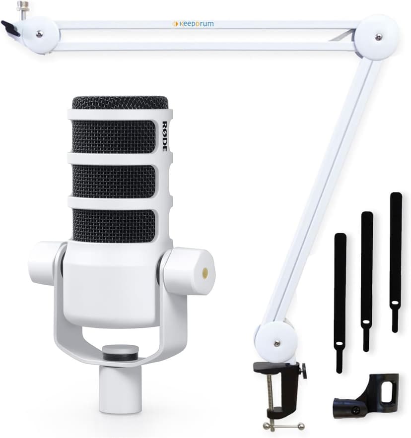 RØDE Rode Podmic Professional Podcast Microphone White + Keepdrum MS138 Articulated Arm White - 1