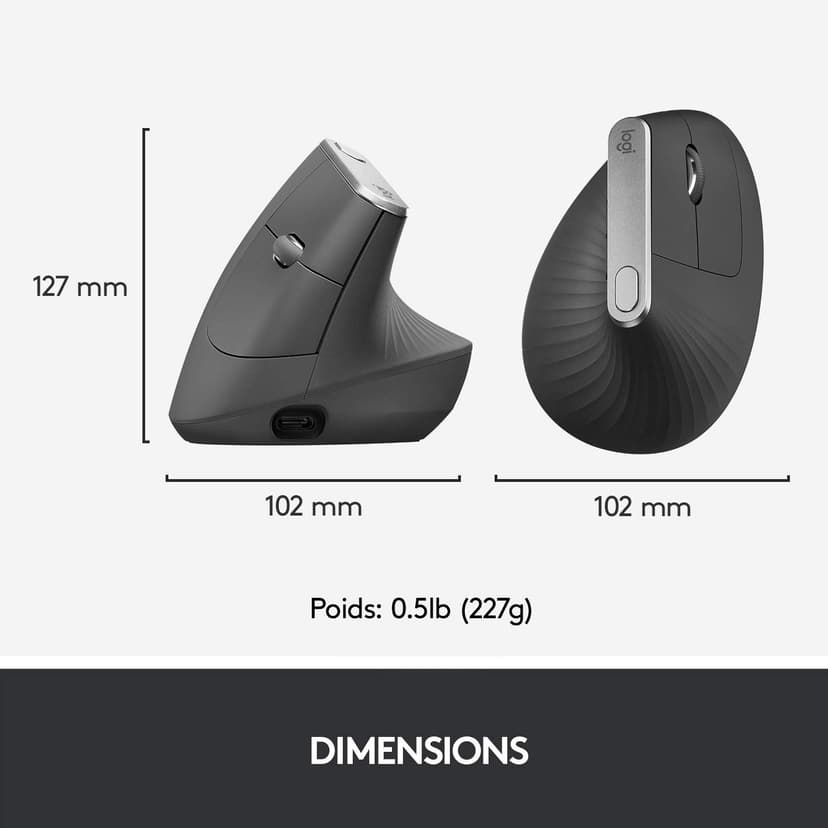 Logitech MX Vertical Souris Ergonomique sans Fil, Multi-Dispositifs, Bluetooth ou 2,4 GHz avec Récepteur USB Unifying, Suivi Optique 4000 PPP, 4 Boutons, Charge Rapide,Portable/PC/Mac/iPad OS-Graphite - 8