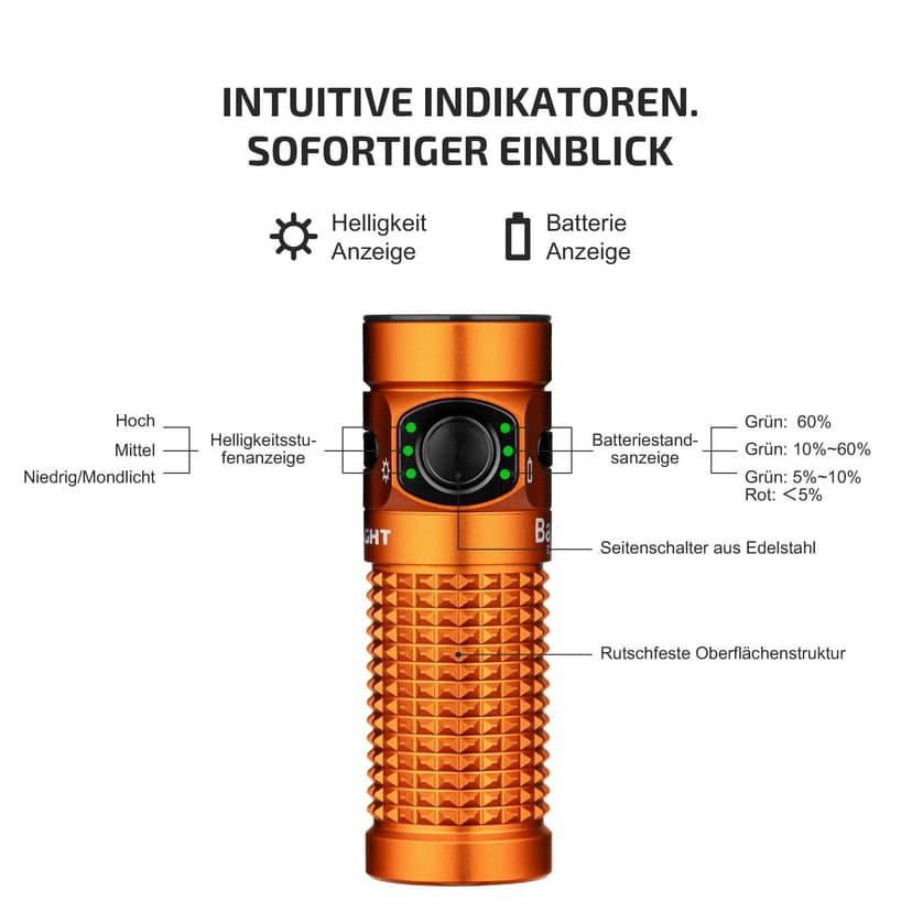 OLIGHT Baton 4 LED Small Torch Rechargeable up to 1300 Lumens, 170 m Light Range, Super Bright Mini Torch with 6 Modes, 30 Days Running Time, Strong Flashlight, IPX8 for Everyday Use, Orange - 4