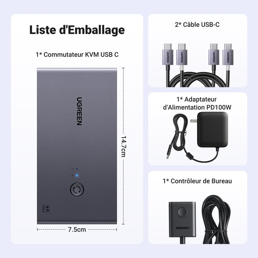 UGREEN HDMI 2.0 KVM Switch, 2 Inputs 2 Outputs, USB-C KVM Switch, 4K at 60Hz, USB 3.0 Switch, 4 USB Ports (3*USB 3.0+ USB C), 2 PC and 2 Monitor Share Mouse, Keyboard, U-Disks, Hard Disk - 8