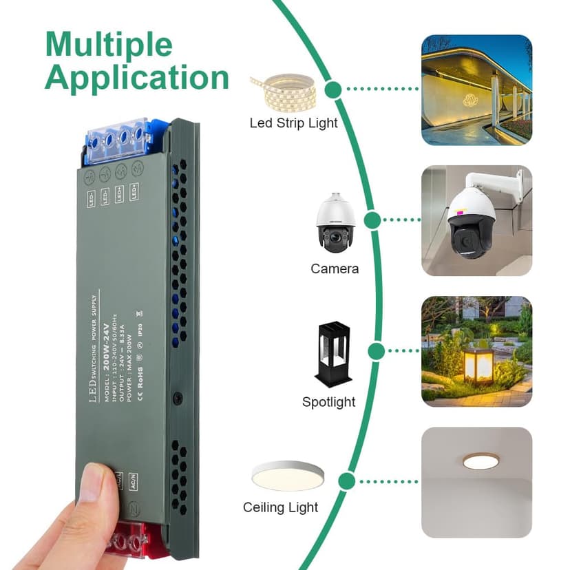 URAQT 24V LED Driver 200W LED Transformer, 220V to 24V Power Transformer, AC 220V to DC 24 Volt 8.33A Compact Ultra-Thin Constant Voltage Low Voltage Transformers for Strip Lights Garden Light - 7