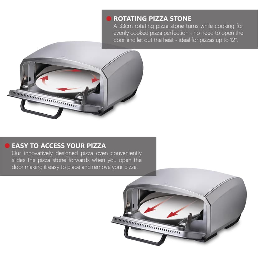 Unold Enzo 500°C Pizza Oven 68916 - Indoor and Outdoor IPX4 - Electric Neapolitan Pizza Maker - Up To 12" with 33cm Rotating Pizza Stone - Adjustable Timer - Includes Pizza Peel - 2100W -240V - 7
