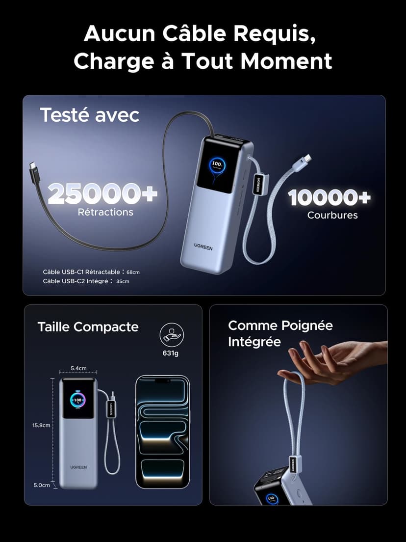 UGREEN Nexode Laptop Power Bank 25000mAh 200W Fast Charging Portable Charger Built-in Retractable Cable & Smart Display 4-Way Output Battery Pack Compatible with Dell, HP, iPad, iPhone 17/16 - 7