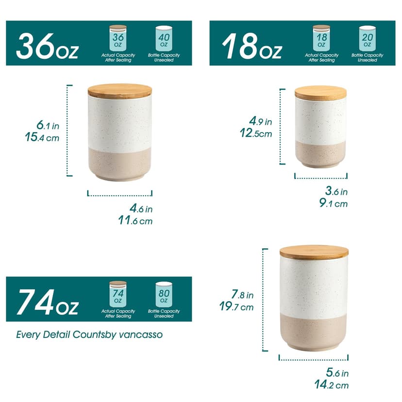 vancasso Sabine 3 Barattoli di Cucina Ermetici con Coperchio, Barattoli per Sale Zucchero Caffè in Gres, Vasetti Cucina per Caffè/Tè/Zucchero/Spezie/Farina/Fagioli, 20 OZ / 40 OZ / 80 OZ - 2