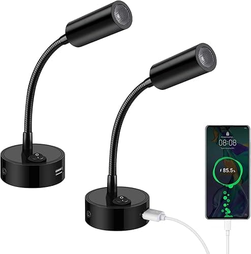 ERWEY 2pcs Lampes de Lecture LED 12V pour camping-car avec col de cygne flexible et port de charge USB 3000K blanc chaud DC 10-30V éclairage intérieur pour bateau caravane yacht, noir