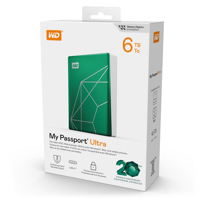 WD My Passport Ultra 6 To, Stockage externe portable, Disque dur externe, Logiciel avec défense contre les ransomwares, sauvegarde et protection par mot de passe - Edition 20e anniversaire - Emeraude - 6