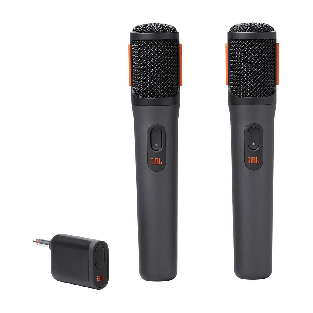 JBL Partybox Wireless Mic, lot de 2 microphones sans fil numériques, 20 heures d'autonomie, batteries rechargeables, connexion stable de 2,4 GHz, réduction des bruits indésirables