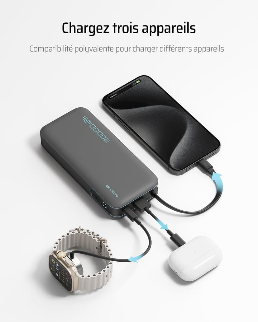 CUKTECH 45W Batterie Externe 20000mAh Power Bank, Batterie Externe Charge Rapide avec Cable Intégré USB C, Batterie Portable pour iPhone 17/16/15/14/13, Samsung, Xiaomi, iPad, MacBook, Switch - 9