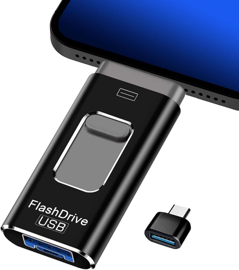 USB Stick 3.0 for iPhone 128GB [MFi Certified], 4-in-1 Memory Stick (Lightnning, USB-C, USB3.0, Micro USB), Compatible with iPhone/iPad/Android/PC, Black - 1