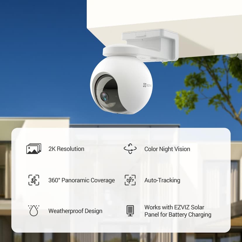 EZVIZ 2K Battery Camera Wireless Outdoor, No Subscription, Solar Panel Compatible, Auto Tracking, Human Detection, 360° Pan Tilt, Color Night Vision, Two Way Audio, Alarm, Alexa Google Control(CB8) - 2