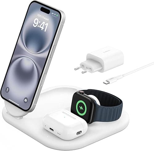 Belkin BoostCharge Socle de Recharge 2-en-1 aimanté et Pliable Qi2, 15W, Compatible MagSafe Chargeur sans Fil, Recharge Rapide, Apple iPhone 17, iPhone Air, Pixelsnap, Adaptateur Inclus - Blanc