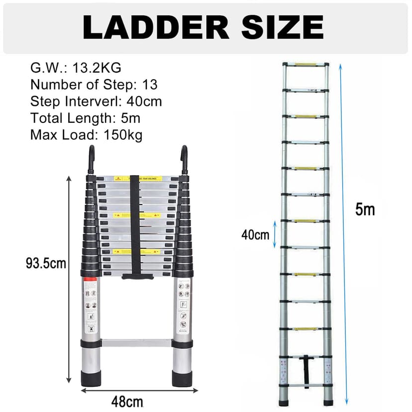Échelle télescopique de 5 m avec 2 Crochets, antidérapante, 13 échelons, Portable, pour l'extérieur et l'intérieur, capacité de Charge de 150 kg - 2