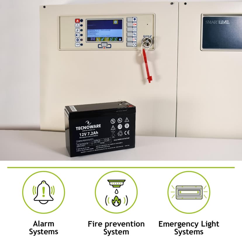 Tecnoware Power Systems - 12V Charge 7.2 Ah Lead-Acid Sealed Battery, for UPS, Video Surveillance and Alarm Systems, 2.5 Inch Faston Connection, Long Lasting, No Maintenance, Bianco, Size 7.2 Ah - 6