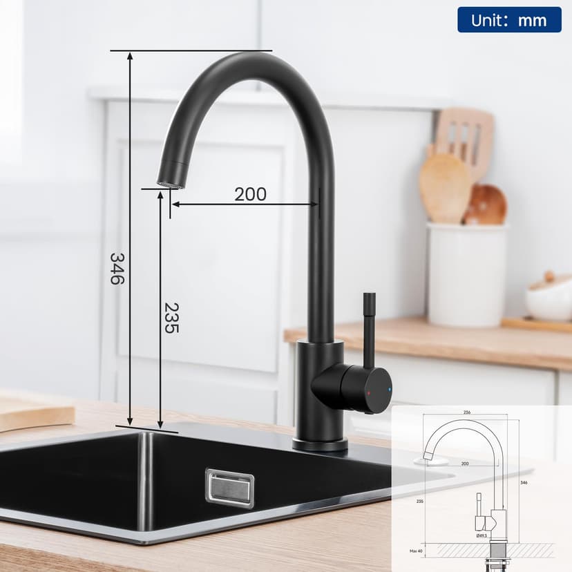 CECIPA Faucet kitchen black 360° rotatable, high pressure kitchen faucet black, mixer tap kitchen with high arc, single lever tap, sink fitting stainless steel, G3/8 connection fixture - 7