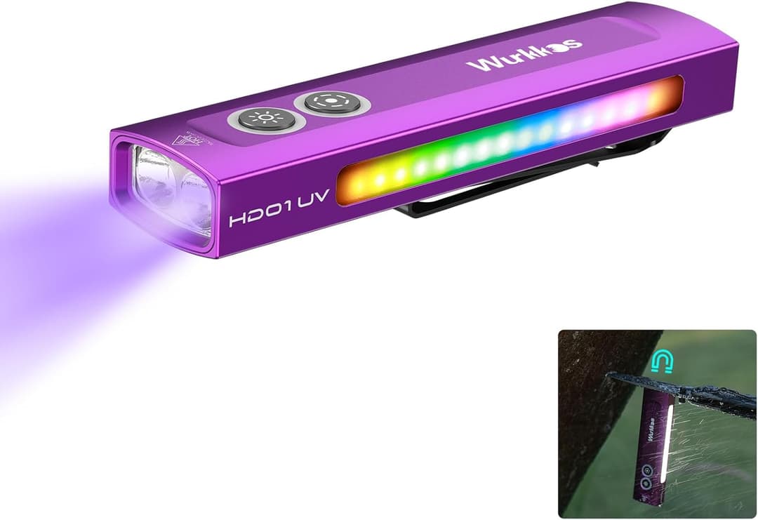 Wurkkos HD01 UV Torch 1200 Lumens Rechargeable LED Flashlight with UV Light, White Light, RGB Light, 6 Lighting Modes, Clip on Torch, Pocket Size Torch for Power Cuts, Emergency, Camping, Outdoor