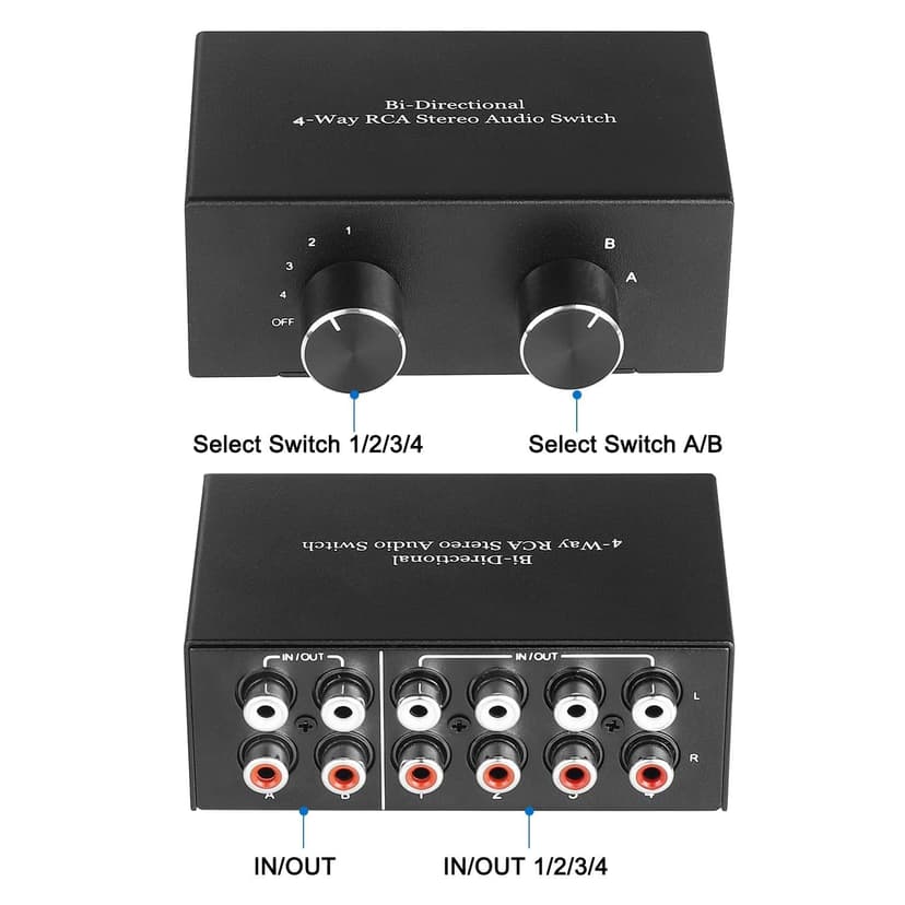 UNSTINCER RCA L/R Audio Switch 4(2) in-2(4) out, Bidirectional Noiseless hifi Stereo Audio Splitter Box, Analogue Aux Line Selector for Headphone Game Console Soundbar TV Speaker Turntalbe, Metal - 5
