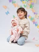Llorens 1018480 Tala Baby Doll with Brown Eyes and Soft Body, Baby Doll with Fluffy Pink Winter Outfit, Dummy, Dummy Chain, 44 cm - 6