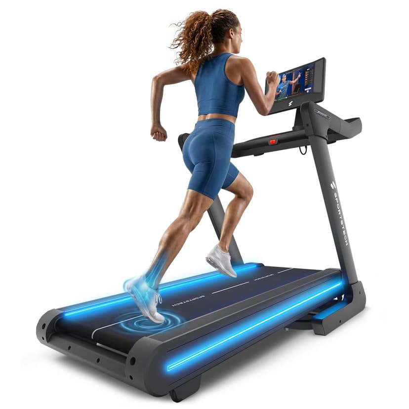 Sportstech Tapis de Course Professionnel pour Maison, 20 km/h, APP | Grande Surface de Course, Inclinaison 16%, jusqu'à 150 kg | LED & 360° Tabletholder | avec 1 an d'App STL Incluse - 1