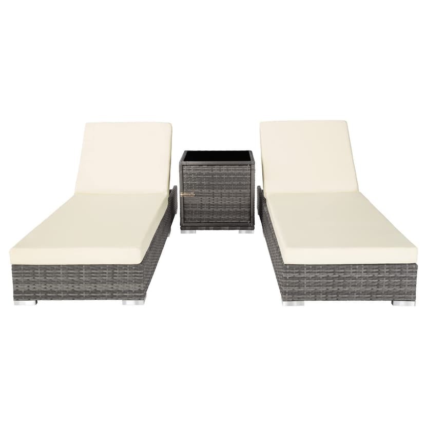 tectake® 3PC Rattan Sun Lounger with Aluminium Frame, Garden Furniture Set with 2 Loungers, Including Side Table, Cushions and 2 Cover Sets, 5-level Reclining Garden Chair - grey - 4