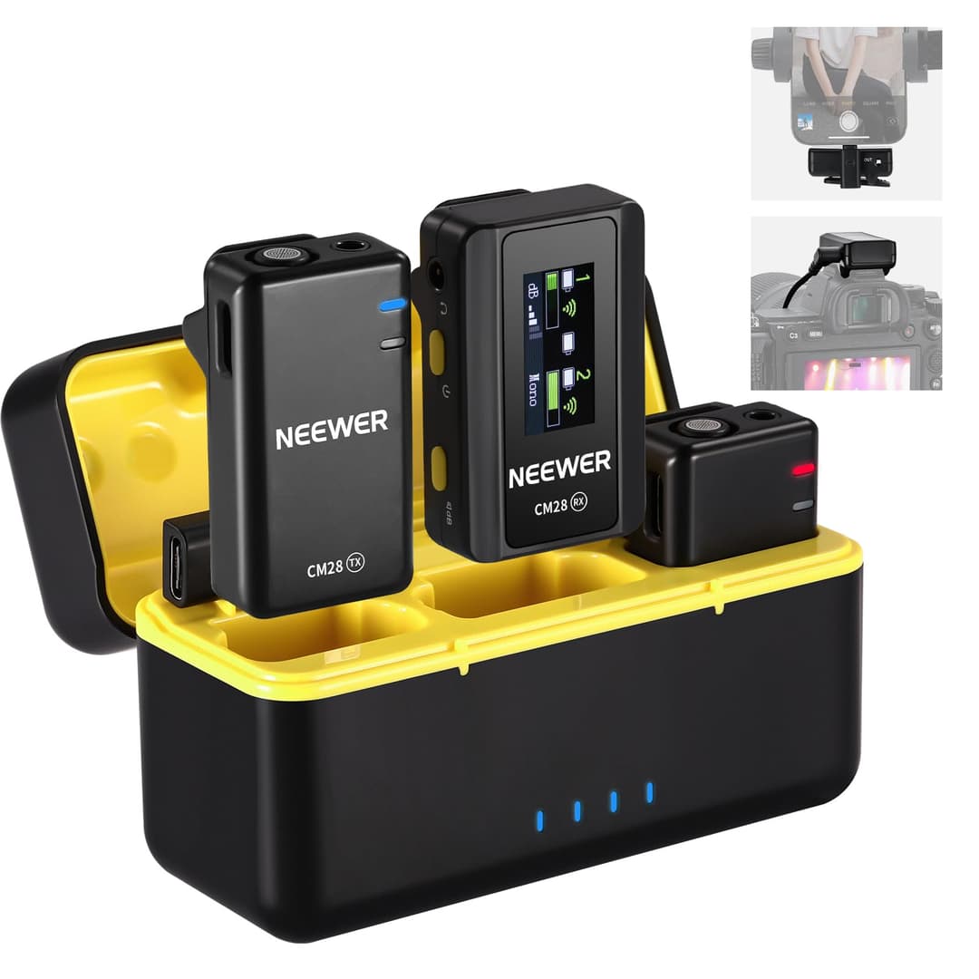 NEEWER CM28 (1 RX + 2 TX + Charging Case), Wireless Lavalier Microphone, Smart Noise Cancelling, 48KHz/16Bit 9 Hrs Uncompressed Recording, 656ft/200m Range, Lav Mic for iPhone, Android, Camera