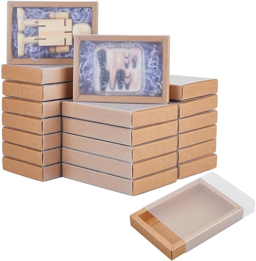 BENECREAT 30 coffret Cadeau à Tiroir en Papier Brun Organisateurs de Rangement en Papier avec Couvercle Coulissant en Plastique Translucide pour Cadeaux de Mariage 13.9x9.7x2.2cm - 1
