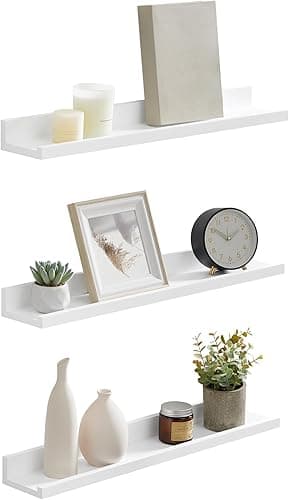SONGMICS Floating Shelves Set of 2, Wall Shelves Ledge, 10 x 80 cm, for Picture Frames and Books, Living Room, Hallway, Bedroom, Bathroom, Kitchen, Office, White LWS080W01