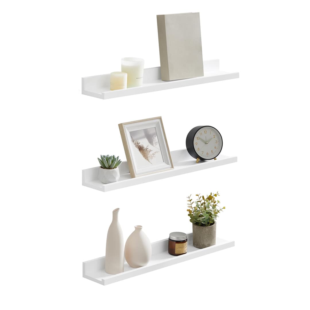 SONGMICS Floating Shelves Set of 2, Wall Shelves Ledge, 10 x 80 cm, for Picture Frames and Books, Living Room, Hallway, Bedroom, Bathroom, Kitchen, Office, White LWS080W01