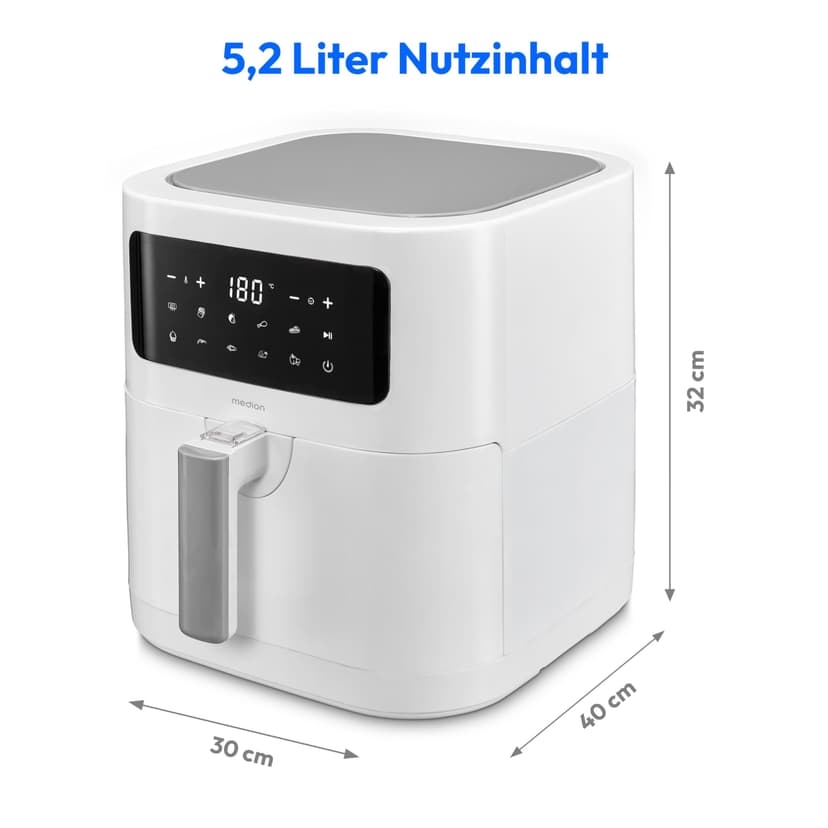 MEDION E40 XL Friteuse à air chaud (panier à friture XXL de 5,3 litres, 2 150 watts, 9 programmes automatiques, fonction cuisson, friture sans huile, panneau de commande tactile, affichage LED) blanc - 8