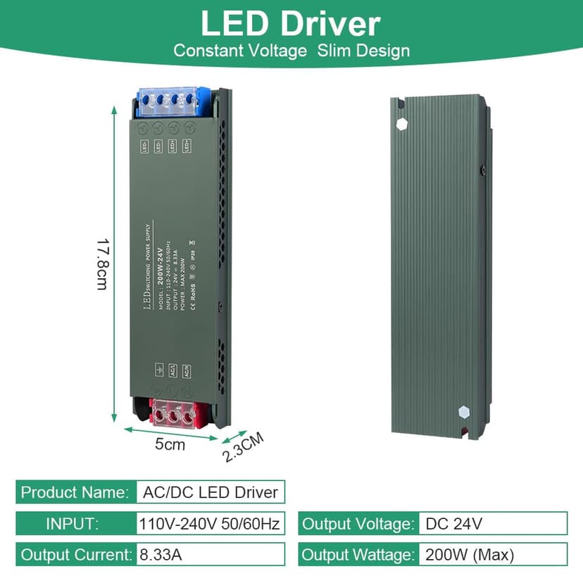 URAQT 24V LED Driver 200W LED Transformer, 220V to 24V Power Transformer, AC 220V to DC 24 Volt 8.33A Compact Ultra-Thin Constant Voltage Low Voltage Transformers for Strip Lights Garden Light - 2