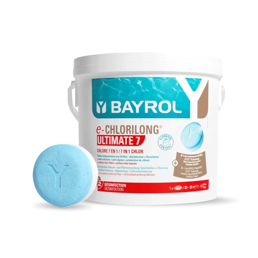 BAYROL e-Chlorilong® Ultimate 7 Piscine 4,8 kg - Galets Chlore 300g - Chlore Piscine 7 Actions - Traitement Intégral Eau et Filtre - 1