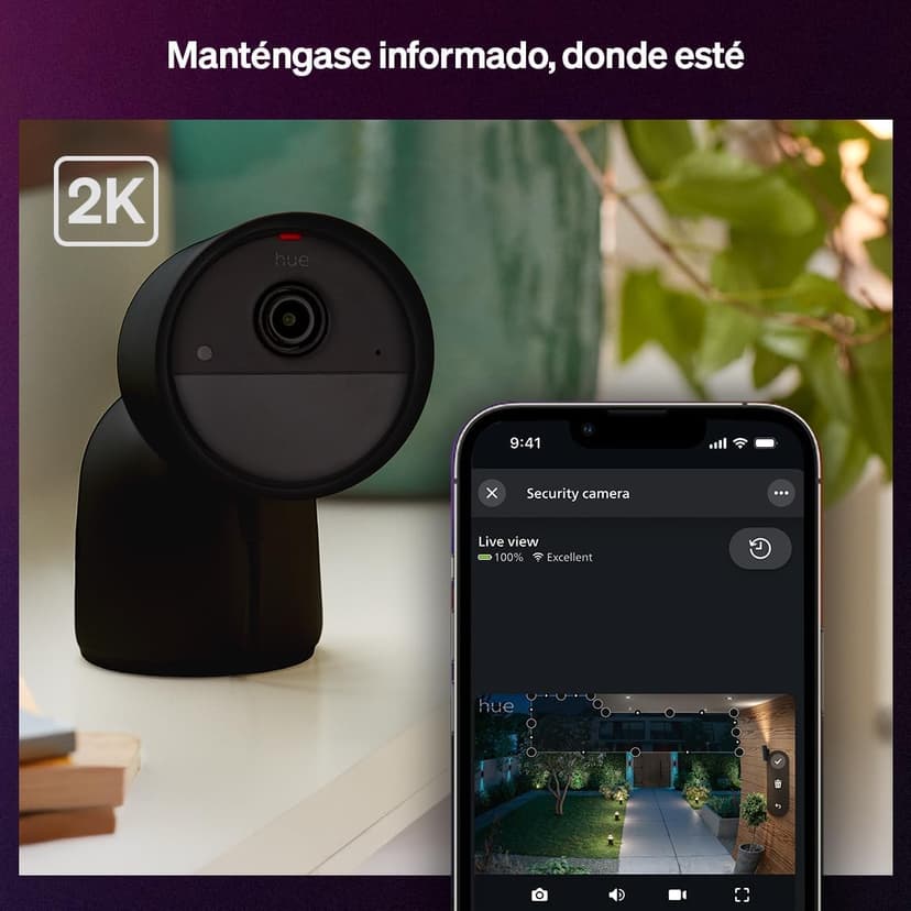 Philips Hue Caméra de surveillance Secure, Résolution vidéo 2k, Notifications, Audio bidirectionnel, Intégration avec les lampes Hue, Caméra extérieure compacte avec support élégant, Noire - 2